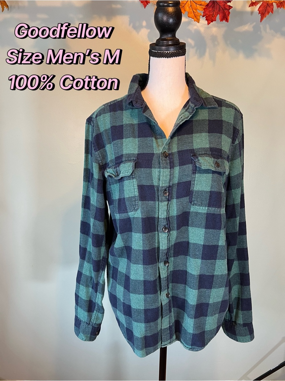 Goodfellow & Co Men's Green & Navy Plaid 100% Cotton Shirt Size M